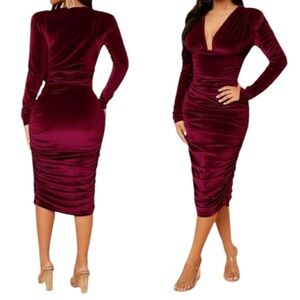 NWT Shein Lux Deep Plunge Velvet Midi Dress Burgundy Red Sz XL Women